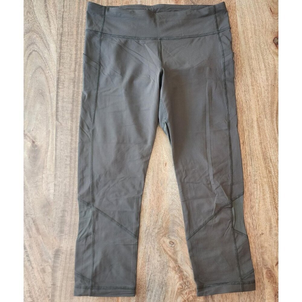 Lululemon Pants Womens 10 Olive Green Running Crop Mesh Panels Back Zip Pocket